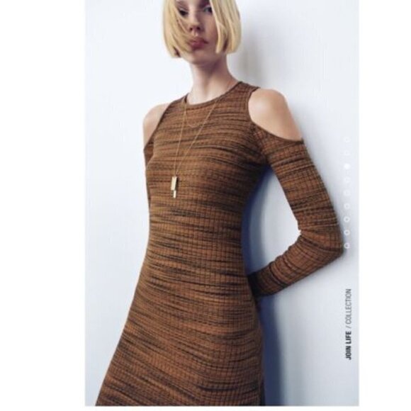 New Zara Ribbed Cut Out Cold Shoulder Long Sleeve Brown/Black Midi Dress Small - Picture 5 of 15